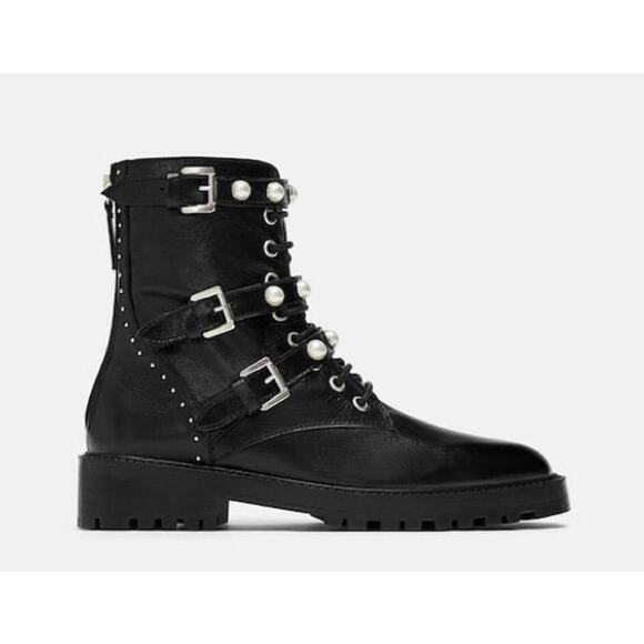 ZARA Genuine Leather Ankle Combat Boots Faux Pearl Lace-Up Flat Boots, Black - Picture 16 of 16